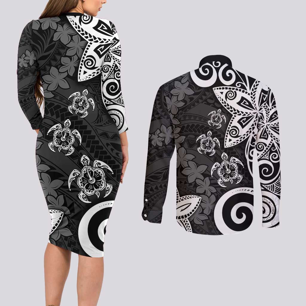 Polynesia Couples Matching Long Sleeve Bodycon Dress and Long Sleeve Button Shirt Black Tribal Turtle Floral Pattern LT05 - Polynesian Pride