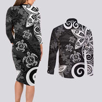 Polynesia Couples Matching Long Sleeve Bodycon Dress and Long Sleeve Button Shirt Black Tribal Turtle Floral Pattern LT05 - Polynesian Pride