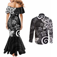 Polynesia Couples Matching Mermaid Dress and Long Sleeve Button Shirt Black Tribal Turtle Floral Pattern LT05 - Polynesian Pride