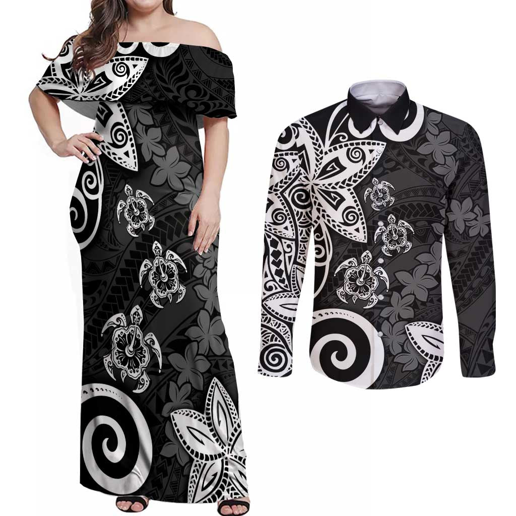 Polynesia Couples Matching Off Shoulder Maxi Dress and Long Sleeve Button Shirt Black Tribal Turtle Floral Pattern LT05 Black - Polynesian Pride