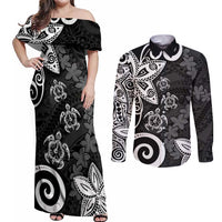 Polynesia Couples Matching Off Shoulder Maxi Dress and Long Sleeve Button Shirt Black Tribal Turtle Floral Pattern LT05 Black - Polynesian Pride