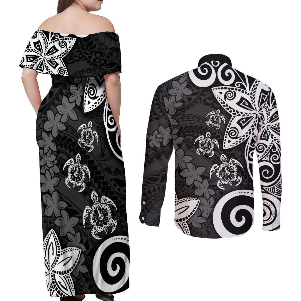 Polynesia Couples Matching Off Shoulder Maxi Dress and Long Sleeve Button Shirt Black Tribal Turtle Floral Pattern LT05 - Polynesian Pride