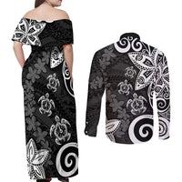 Polynesia Couples Matching Off Shoulder Maxi Dress and Long Sleeve Button Shirt Black Tribal Turtle Floral Pattern LT05 - Polynesian Pride