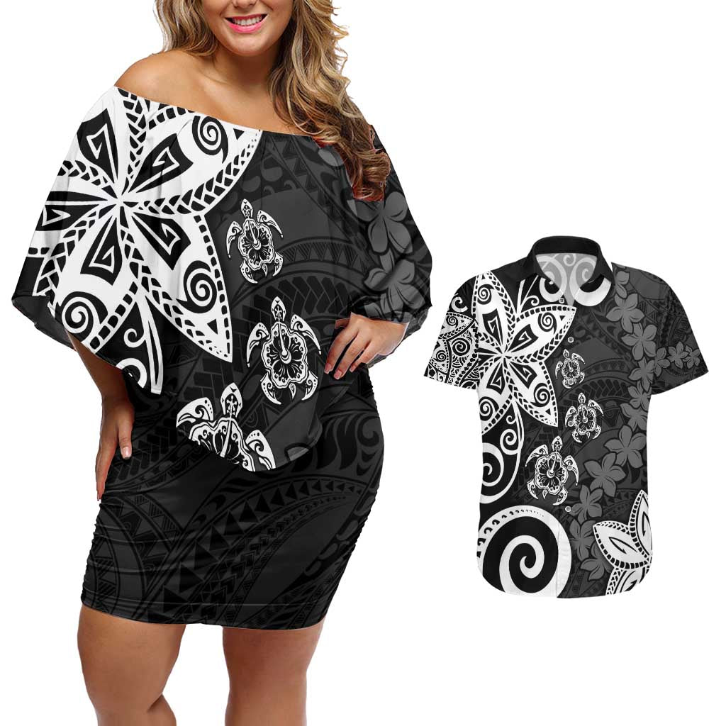 Polynesia Couples Matching Off Shoulder Short Dress and Hawaiian Shirt Black Tribal Turtle Floral Pattern LT05 Black - Polynesian Pride