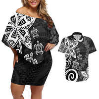 Polynesia Couples Matching Off Shoulder Short Dress and Hawaiian Shirt Black Tribal Turtle Floral Pattern LT05 Black - Polynesian Pride