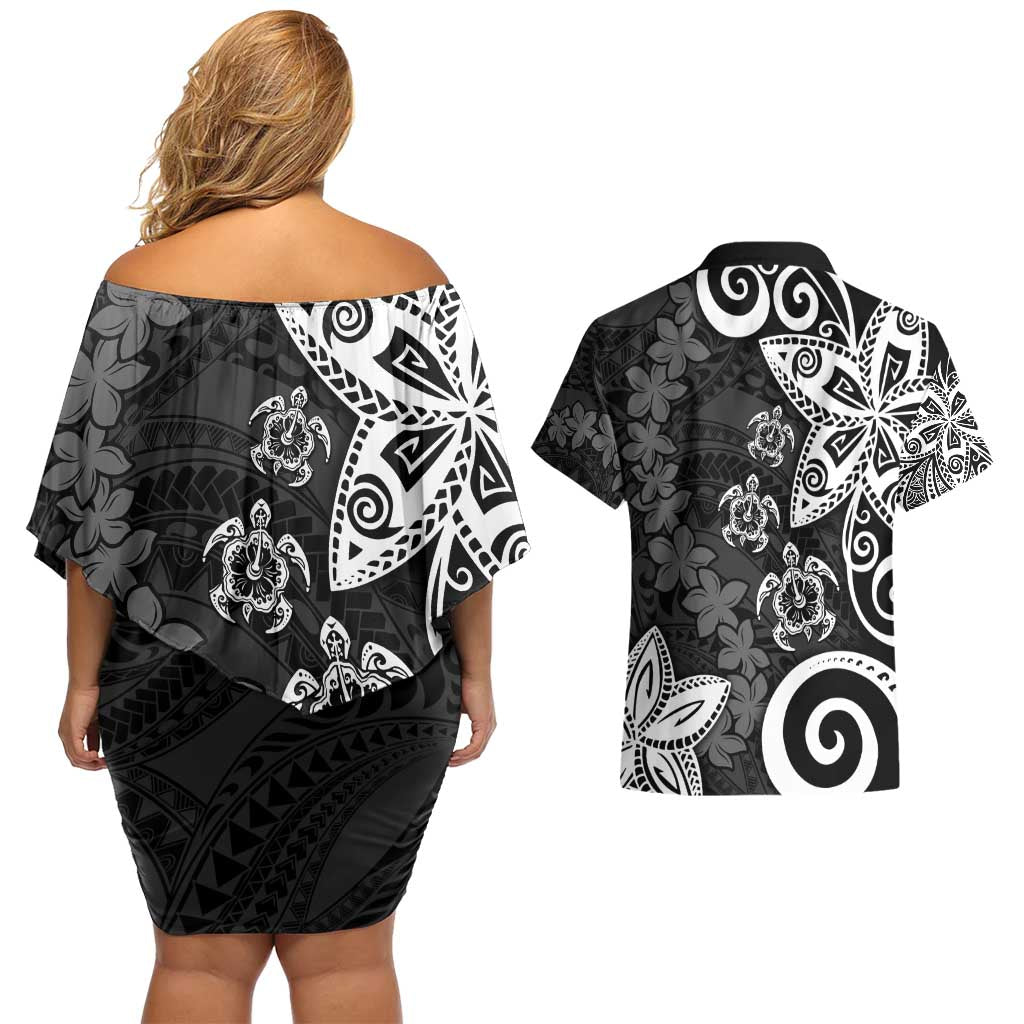 Polynesia Couples Matching Off Shoulder Short Dress and Hawaiian Shirt Black Tribal Turtle Floral Pattern LT05 - Polynesian Pride