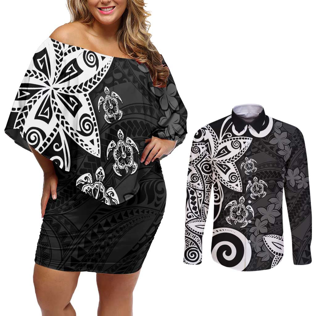 Polynesia Couples Matching Off Shoulder Short Dress and Long Sleeve Button Shirt Black Tribal Turtle Floral Pattern LT05 Black - Polynesian Pride