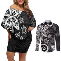 Polynesia Couples Matching Off Shoulder Short Dress and Long Sleeve Button Shirt Black Tribal Turtle Floral Pattern LT05 Black - Polynesian Pride