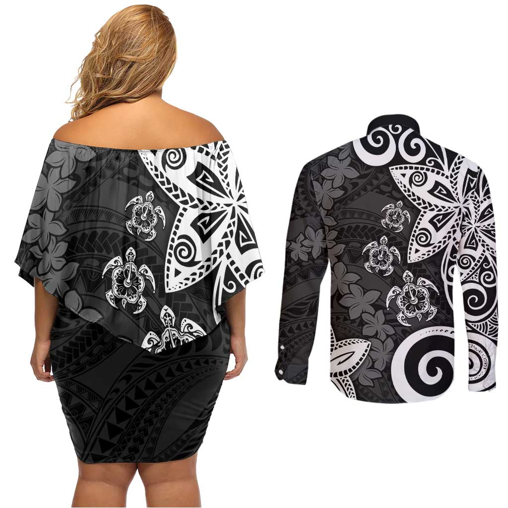 Polynesia Couples Matching Off Shoulder Short Dress and Long Sleeve Button Shirt Black Tribal Turtle Floral Pattern LT05 - Polynesian Pride