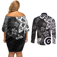 Polynesia Couples Matching Off Shoulder Short Dress and Long Sleeve Button Shirt Black Tribal Turtle Floral Pattern LT05 - Polynesian Pride