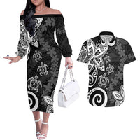 Polynesia Couples Matching Off The Shoulder Long Sleeve Dress and Hawaiian Shirt Black Tribal Turtle Floral Pattern LT05 Black - Polynesian Pride