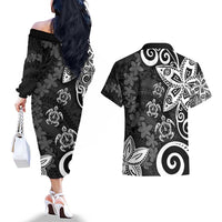 Polynesia Couples Matching Off The Shoulder Long Sleeve Dress and Hawaiian Shirt Black Tribal Turtle Floral Pattern LT05 - Polynesian Pride