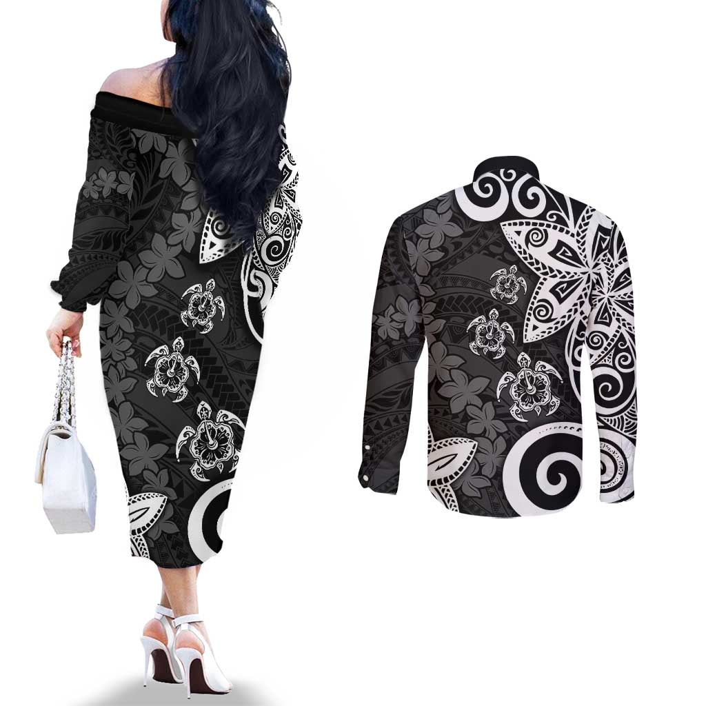 Polynesia Couples Matching Off The Shoulder Long Sleeve Dress and Long Sleeve Button Shirt Black Tribal Turtle Floral Pattern LT05 - Polynesian Pride