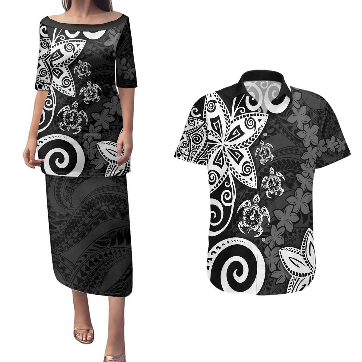 Polynesia Couples Matching Puletasi and Hawaiian Shirt Black Tribal Turtle Floral Pattern LT05 Black - Polynesian Pride
