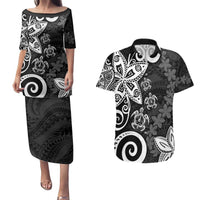 Polynesia Couples Matching Puletasi and Hawaiian Shirt Black Tribal Turtle Floral Pattern LT05 Black - Polynesian Pride