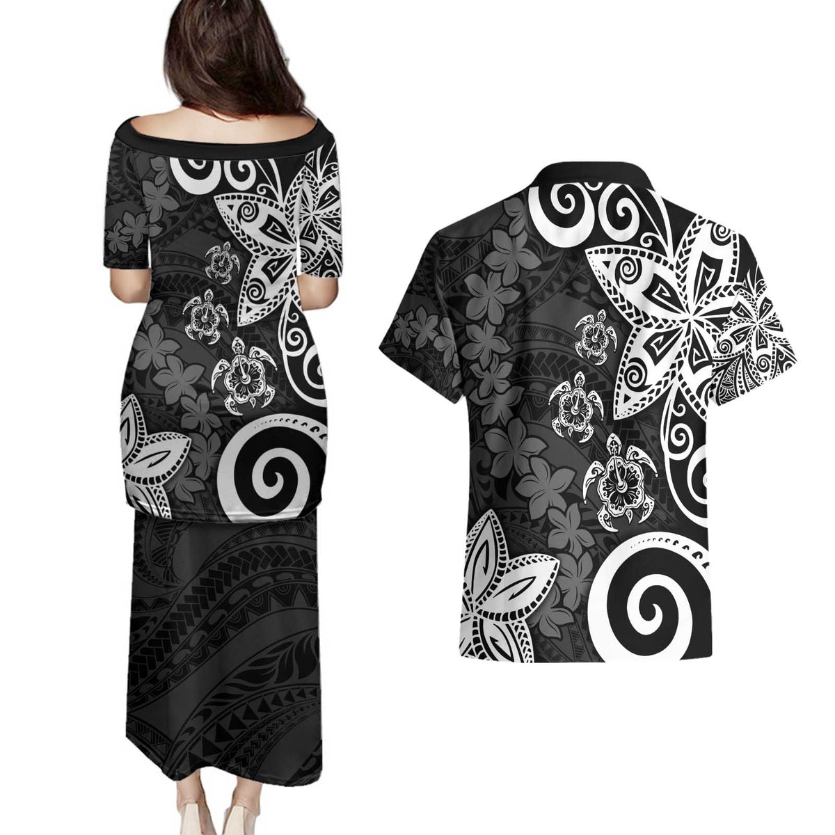 Polynesia Couples Matching Puletasi and Hawaiian Shirt Black Tribal Turtle Floral Pattern LT05 - Polynesian Pride