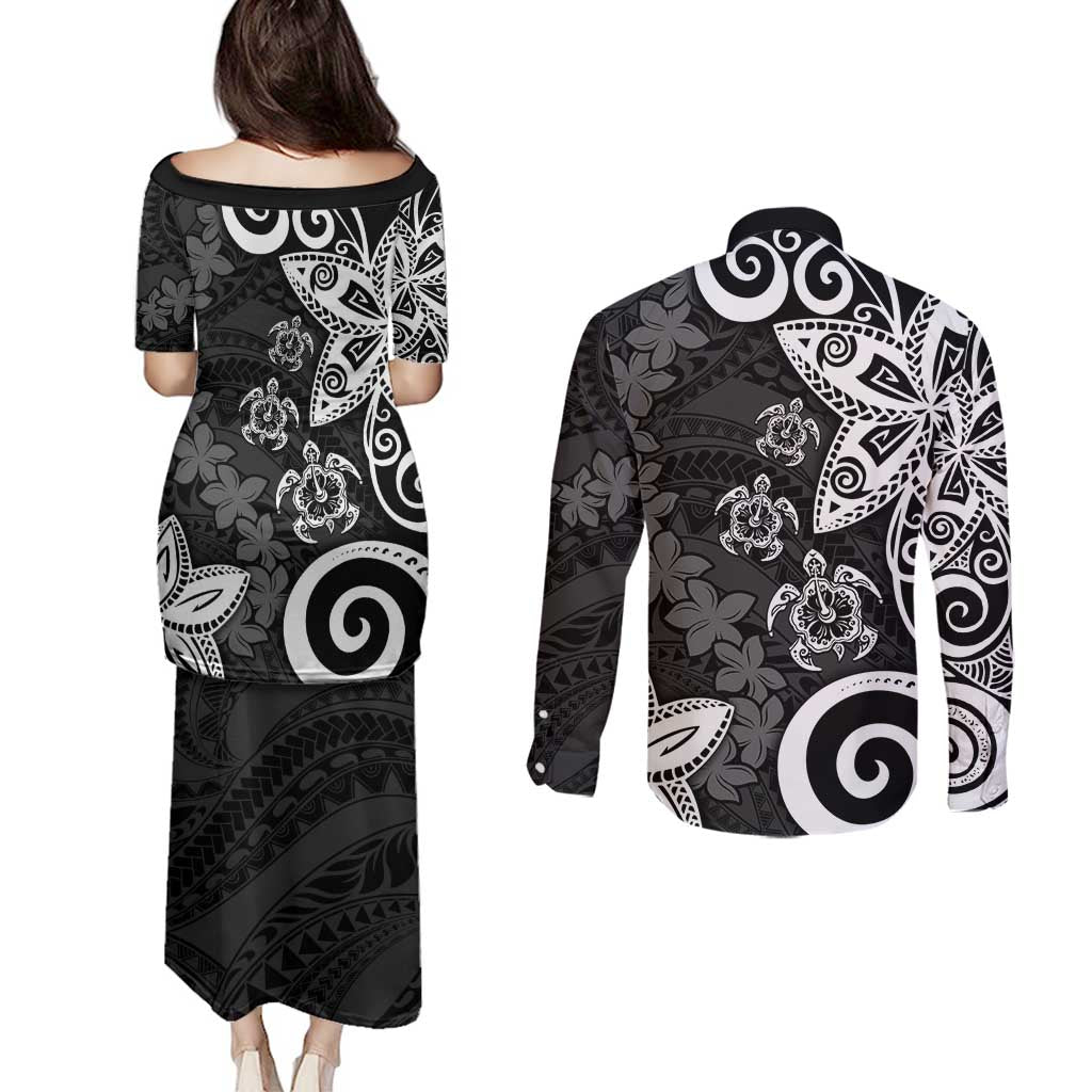 Polynesia Couples Matching Puletasi and Long Sleeve Button Shirt Black Tribal Turtle Floral Pattern LT05 - Polynesian Pride