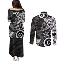 Polynesia Couples Matching Puletasi and Long Sleeve Button Shirt Black Tribal Turtle Floral Pattern LT05 - Polynesian Pride