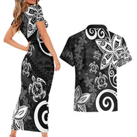 Polynesia Couples Matching Short Sleeve Bodycon Dress and Hawaiian Shirt Black Tribal Turtle Floral Pattern LT05 - Polynesian Pride