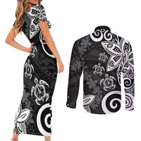 Polynesia Couples Matching Short Sleeve Bodycon Dress and Long Sleeve Button Shirt Black Tribal Turtle Floral Pattern LT05 - Polynesian Pride