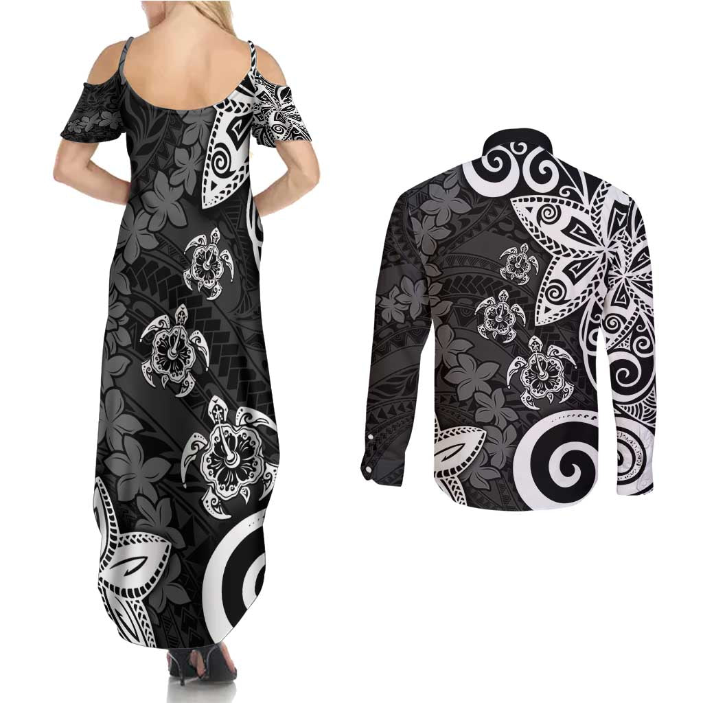 Polynesia Couples Matching Summer Maxi Dress and Long Sleeve Button Shirt Black Tribal Turtle Floral Pattern LT05 - Polynesian Pride
