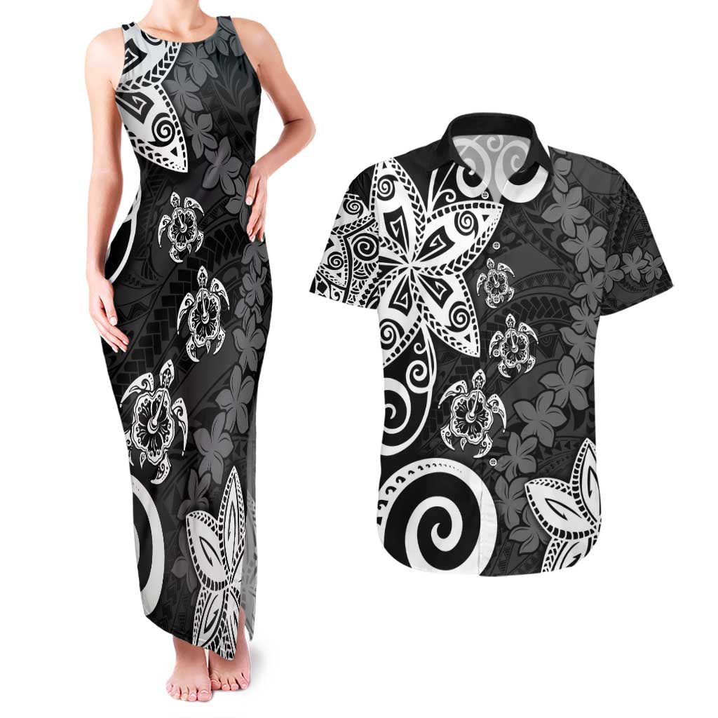 Polynesia Couples Matching Tank Maxi Dress and Hawaiian Shirt Black Tribal Turtle Floral Pattern LT05 Black - Polynesian Pride