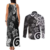 Polynesia Couples Matching Tank Maxi Dress and Long Sleeve Button Shirt Black Tribal Turtle Floral Pattern LT05 - Polynesian Pride