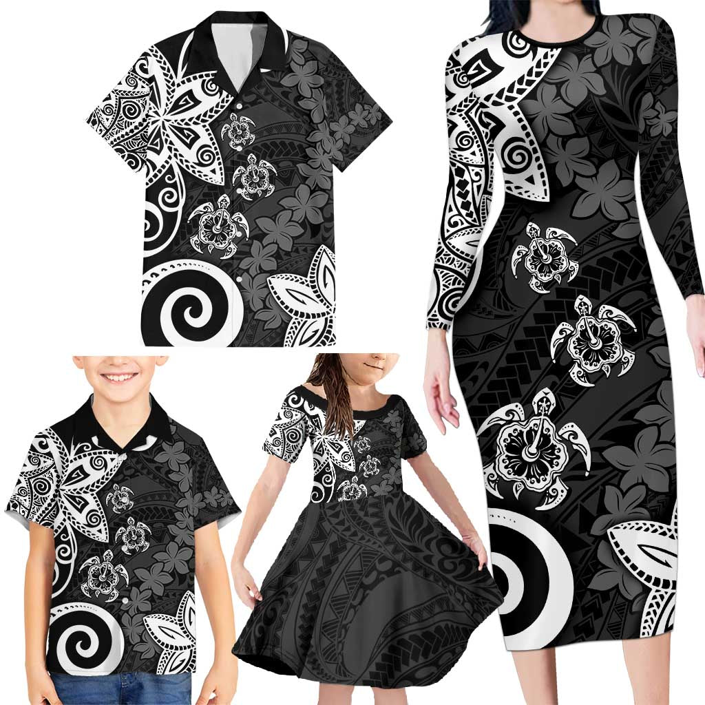 Polynesia Family Matching Long Sleeve Bodycon Dress and Hawaiian Shirt Black Tribal Turtle Floral Pattern