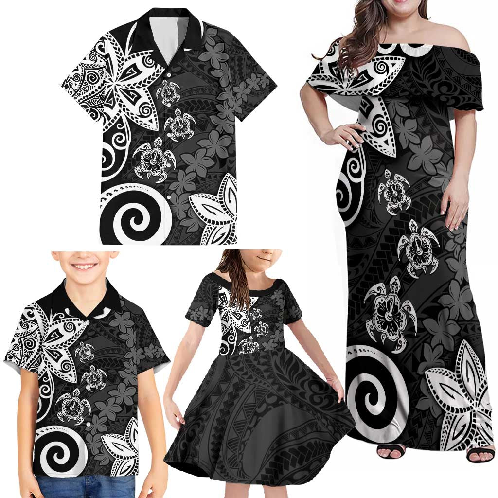 Polynesia Family Matching Off Shoulder Maxi Dress and Hawaiian Shirt Black Tribal Turtle Floral Pattern