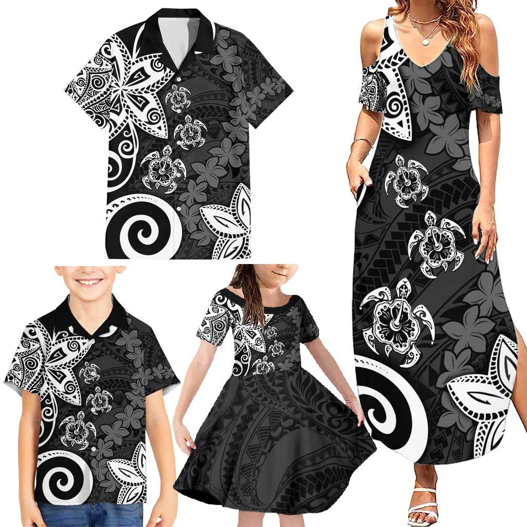 Polynesia Family Matching Summer Maxi Dress and Hawaiian Shirt Black Tribal Turtle Floral Pattern