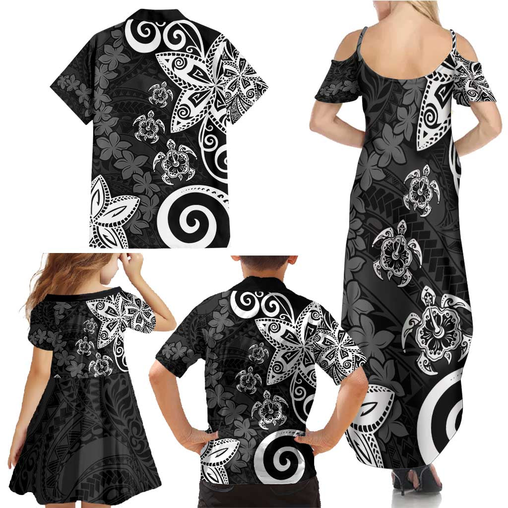 Polynesia Family Matching Summer Maxi Dress and Hawaiian Shirt Black Tribal Turtle Floral Pattern