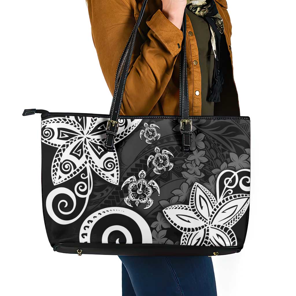 Polynesia Leather Tote Bag Black Tribal Turtle Floral Pattern LT05 - Polynesian Pride