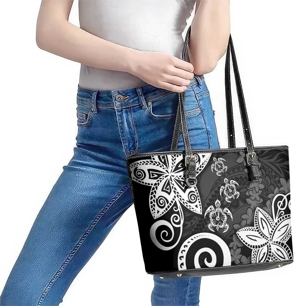 Polynesia Leather Tote Bag Black Tribal Turtle Floral Pattern LT05 - Polynesian Pride