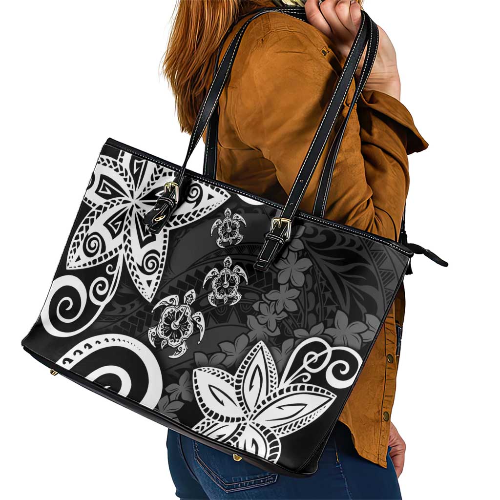 Polynesia Leather Tote Bag Black Tribal Turtle Floral Pattern LT05 - Polynesian Pride