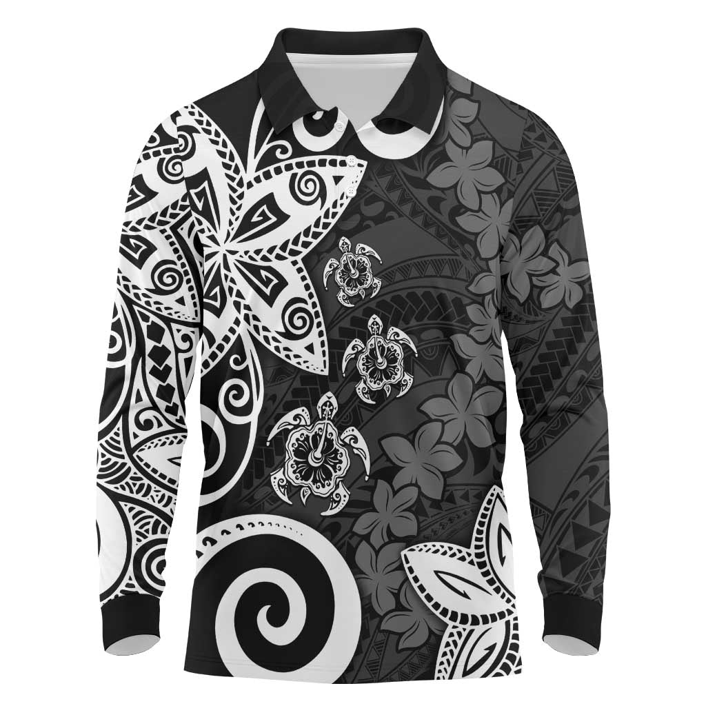 Polynesia Long Sleeve Polo Shirt Black Tribal Turtle Floral Pattern