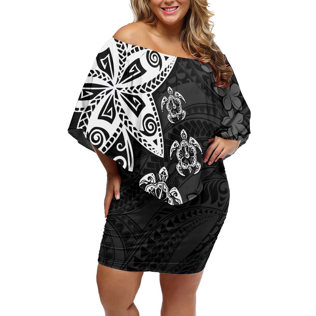Polynesia Off Shoulder Short Dress Black Tribal Turtle Floral Pattern LT05 Women Black - Polynesian Pride