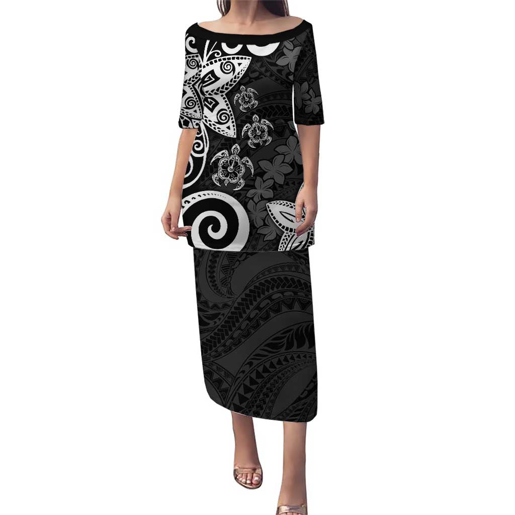 Polynesia Puletasi Black Tribal Turtle Floral Pattern LT05 Long Dress Black - Polynesian Pride