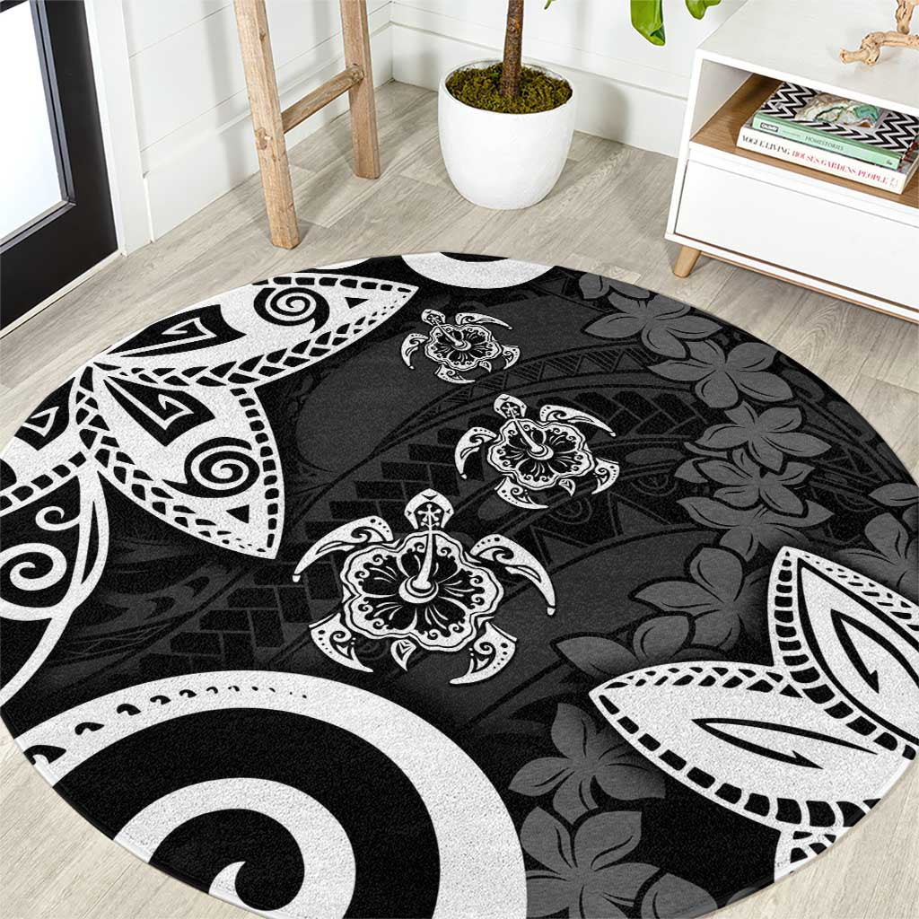 Polynesia Round Carpet Black Tribal Turtle Floral Pattern