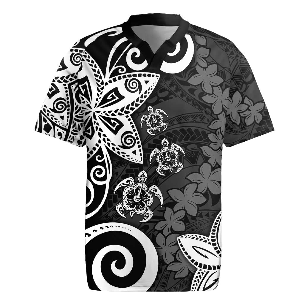 Polynesia Rugby Jersey Black Tribal Turtle Floral Pattern