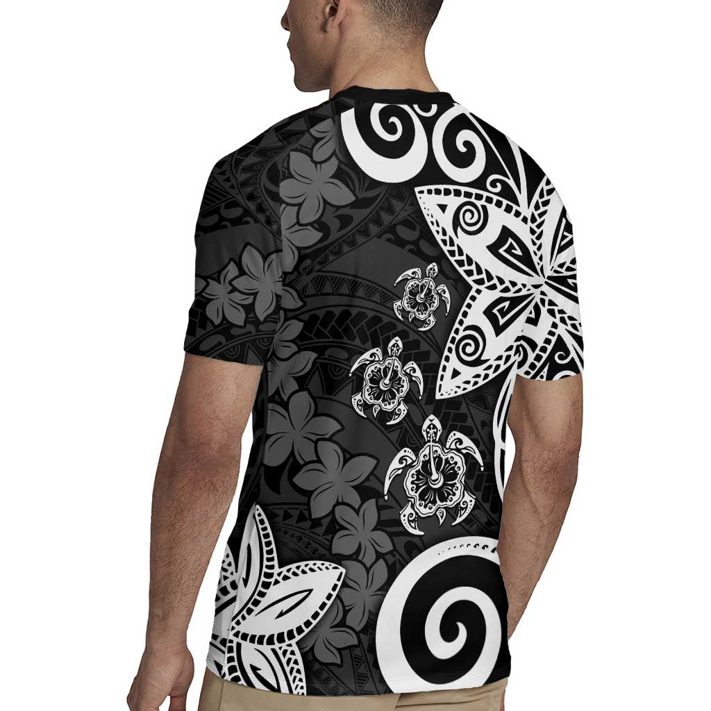 Polynesia Rugby Jersey Black Tribal Turtle Floral Pattern