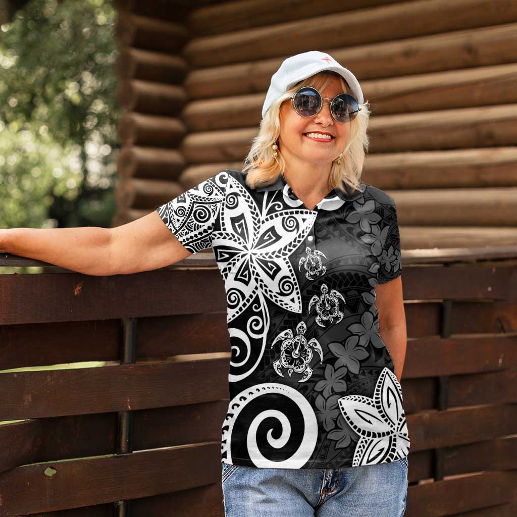 Polynesia Women Polo Shirt Black Tribal Turtle Floral Pattern