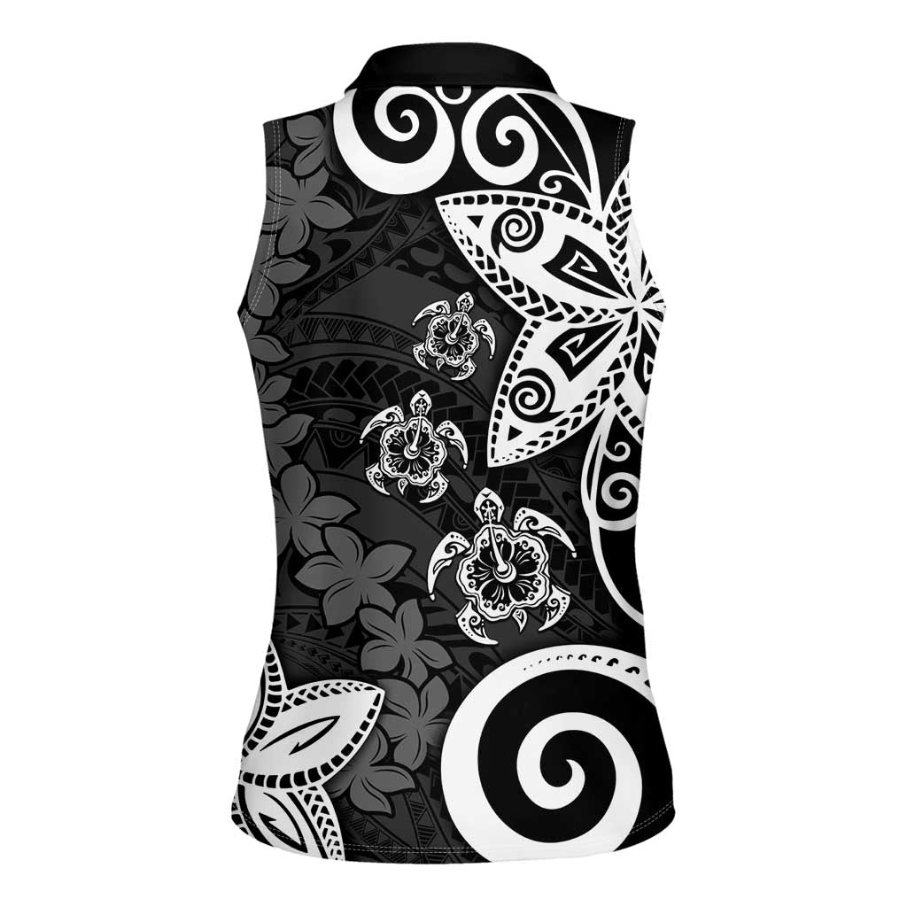 Polynesia Women Sleeveless Polo Shirt Black Tribal Turtle Floral Pattern