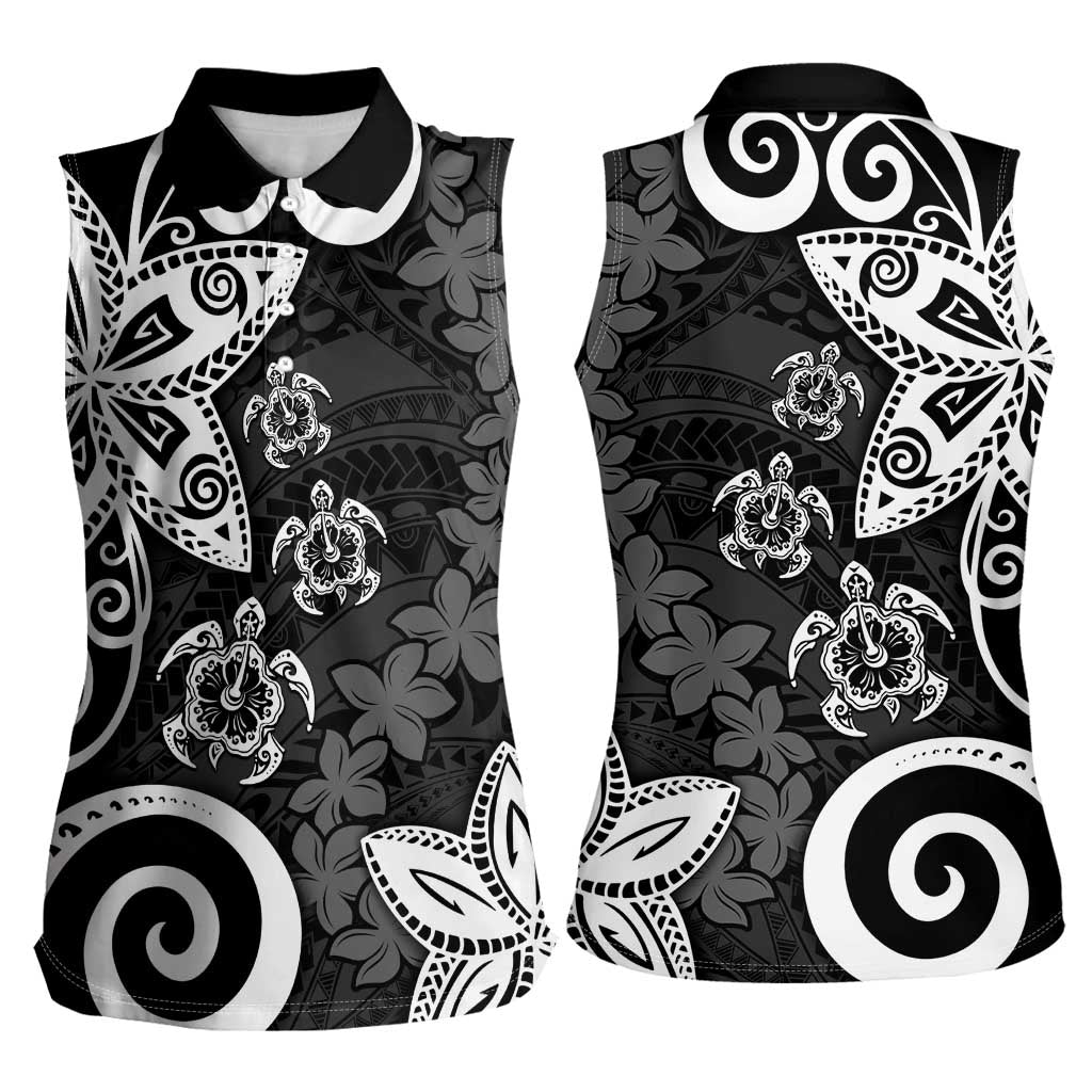 Polynesia Women Sleeveless Polo Shirt Black Tribal Turtle Floral Pattern