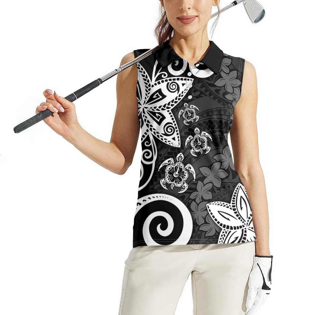 Polynesia Women Sleeveless Polo Shirt Black Tribal Turtle Floral Pattern