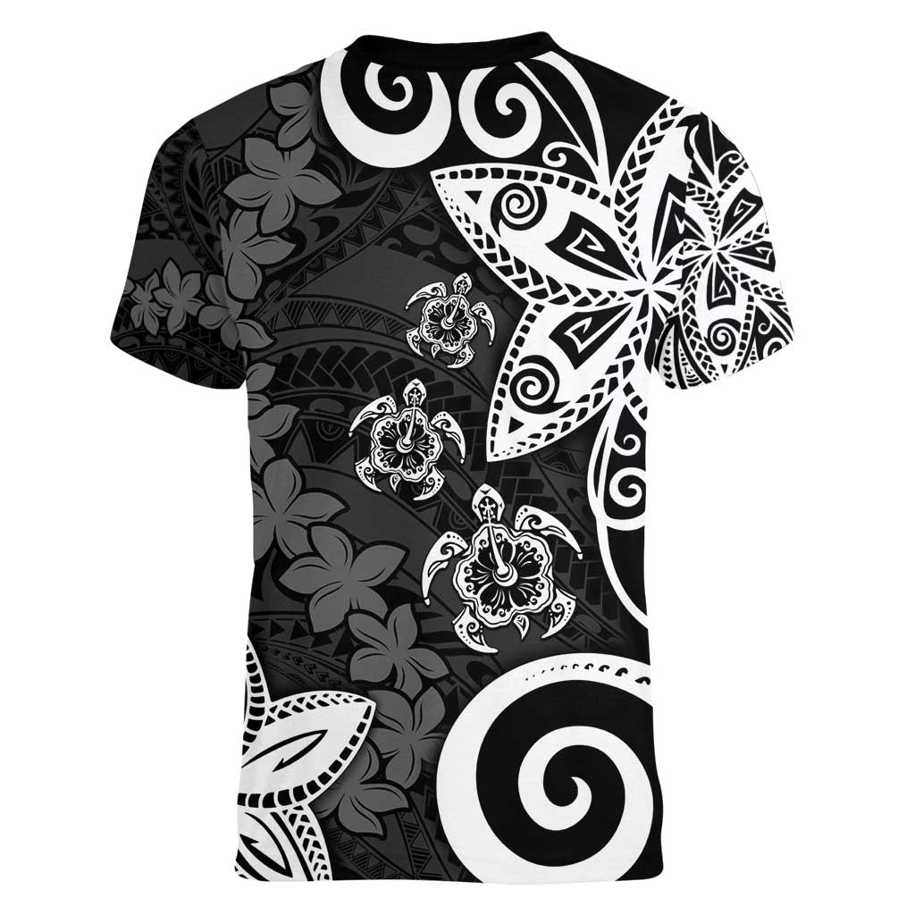 Polynesia Women V-Neck T-Shirt Black Tribal Turtle Floral Pattern LT05 - Polynesian Pride