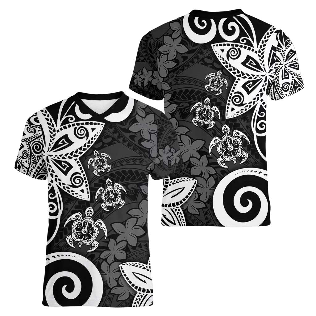 Polynesia Women V-Neck T-Shirt Black Tribal Turtle Floral Pattern LT05 - Polynesian Pride