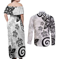 Polynesia Couples Matching Off Shoulder Maxi Dress and Long Sleeve Button Shirt White Tribal Turtle Floral Pattern LT05 - Polynesian Pride