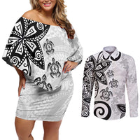 Polynesia Couples Matching Off Shoulder Short Dress and Long Sleeve Button Shirt White Tribal Turtle Floral Pattern LT05 White - Polynesian Pride