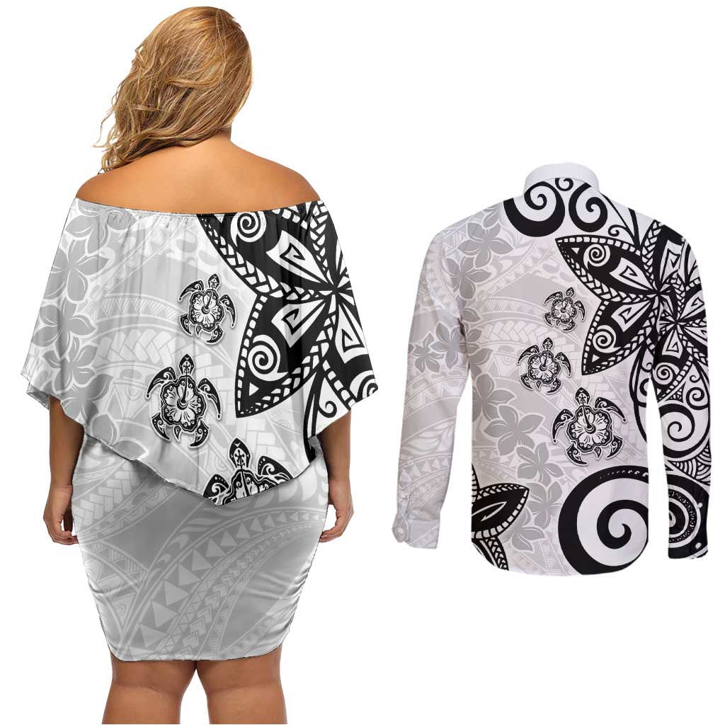 Polynesia Couples Matching Off Shoulder Short Dress and Long Sleeve Button Shirt White Tribal Turtle Floral Pattern LT05 - Polynesian Pride