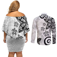 Polynesia Couples Matching Off Shoulder Short Dress and Long Sleeve Button Shirt White Tribal Turtle Floral Pattern LT05 - Polynesian Pride